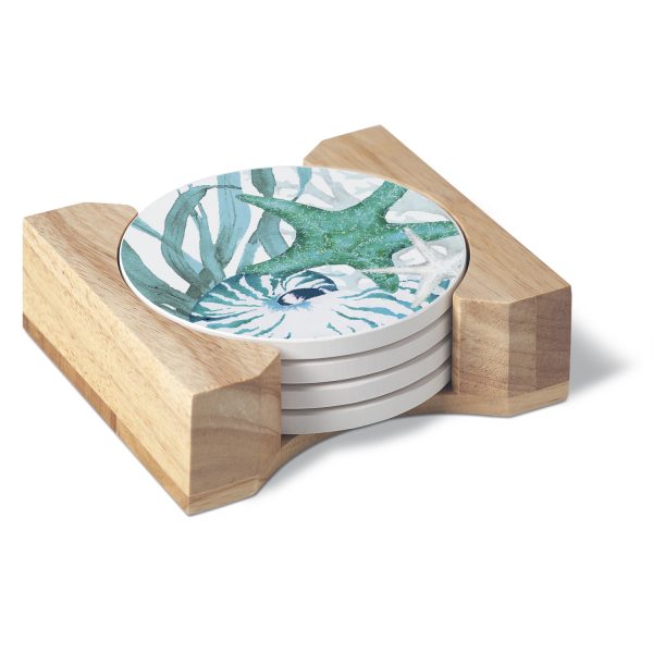 * - 4 Coastal-Nautical Stone Coasters-w-Wood Holder Coral Life * - 4 Coastal-Nautical Stone Coasters-w-Wood Holder Coral Life