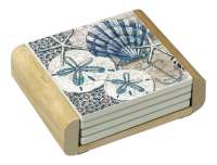 ! Tide Pool Beach Coastal Seashell 4 Stone Coasters-Wood Holder